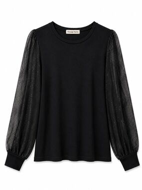Black Long-Sleeve Top with Sheer Shimmer Sleeves